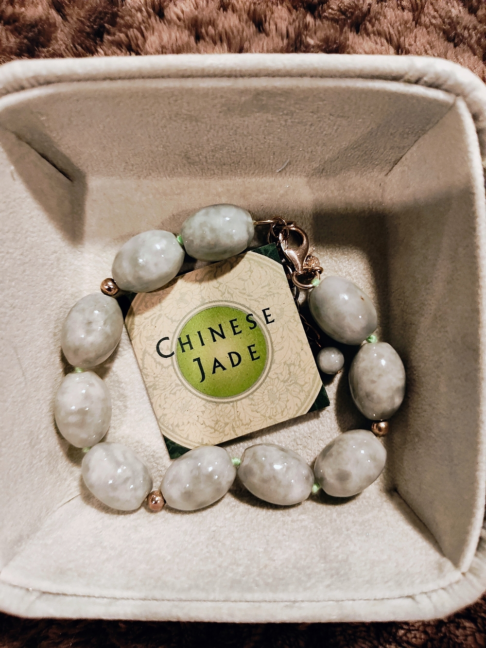 QVC Chinese Jade Bead Bracelet in Pale Green with Gold Accents